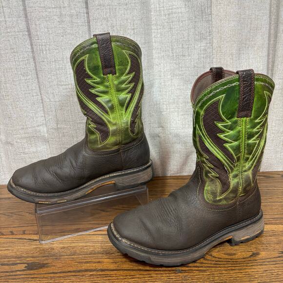 Ariat Workhog Square Toe Western Work Boots Men’s 9.5D Brown/Green Leather - Picture 3 of 8
